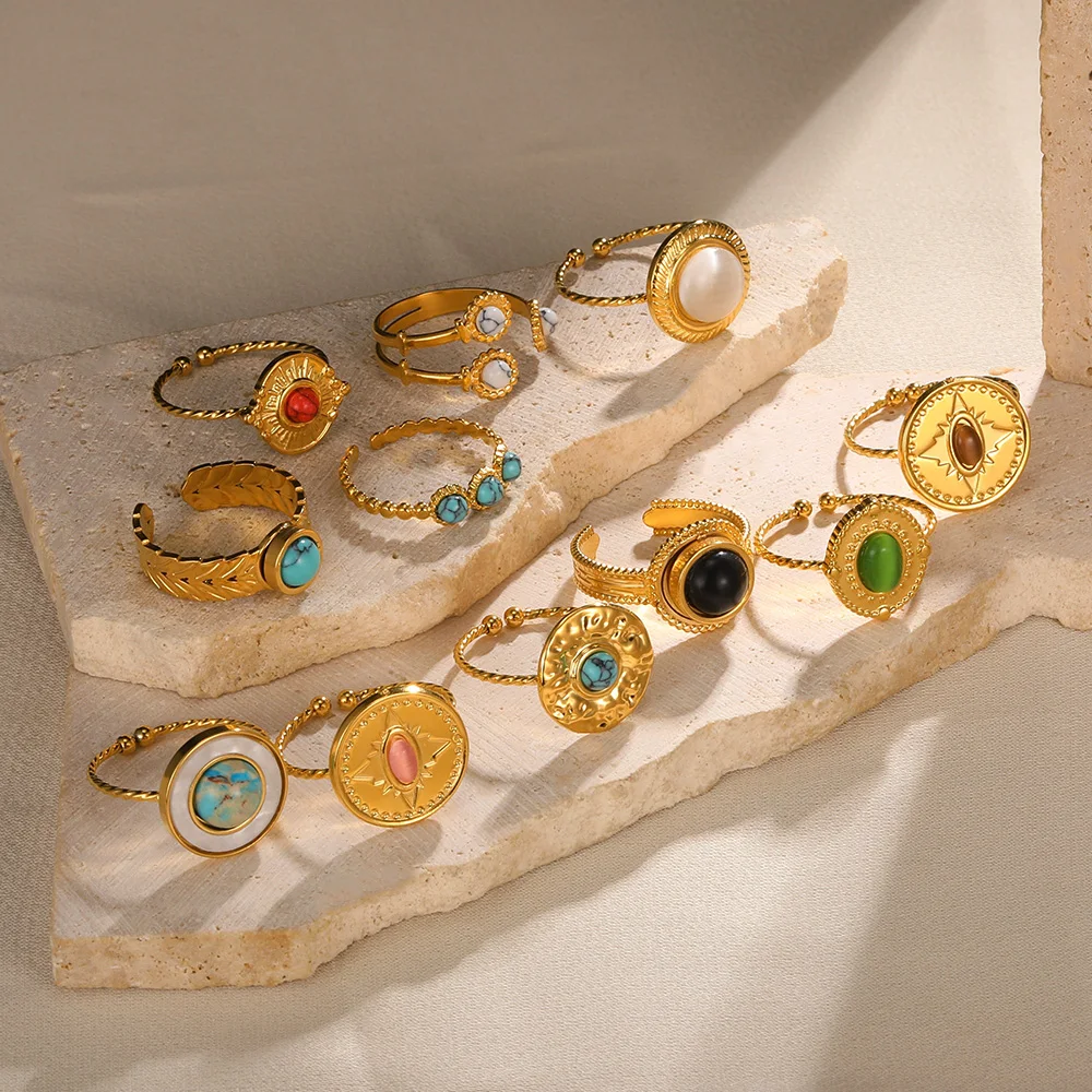 GATTVICT Vintage Runde Gold Farbe Natürliche Stein Edelstahl Ringe Für Frauen Phantasie Ring