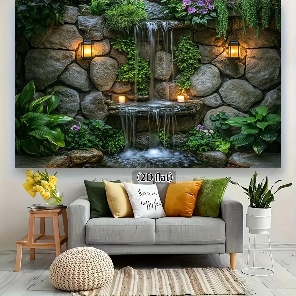 Stone Waterfall Tapestry, Lush Greenery Nature Scene Wall Art for Garden Party Decor and Indoor Outdoor Event Background