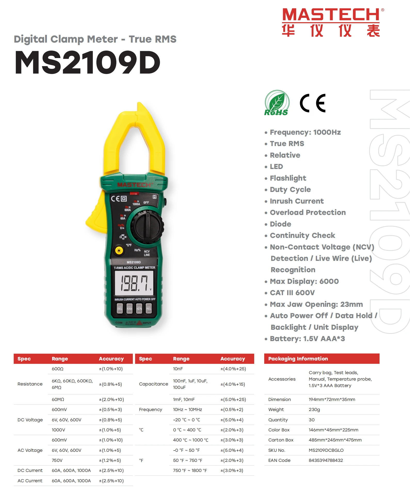 Mastech MS2109D Miernik cęgowy Tester cyfrowy Profesjonalny woltomierz Szczypce Amperomierz Multitester elektryczny