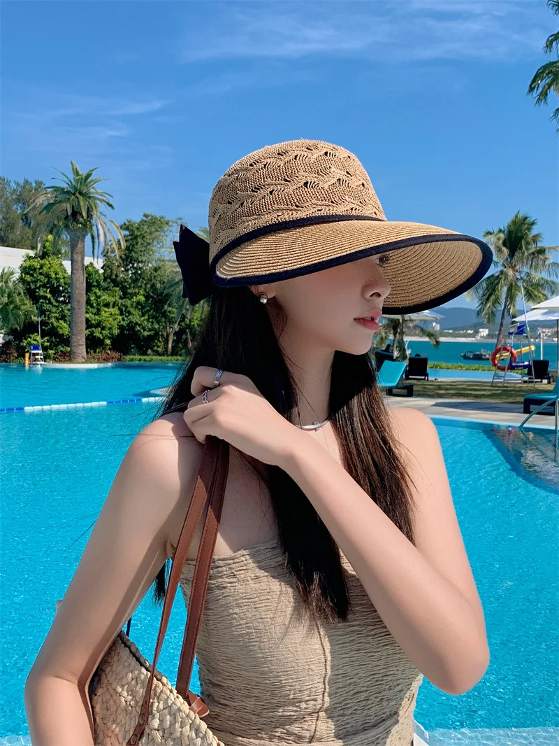 Women Ponytail Straw Sun Hat Wide Brim Visor Summer Adjustable Cap Sun Beach Foldable Hats