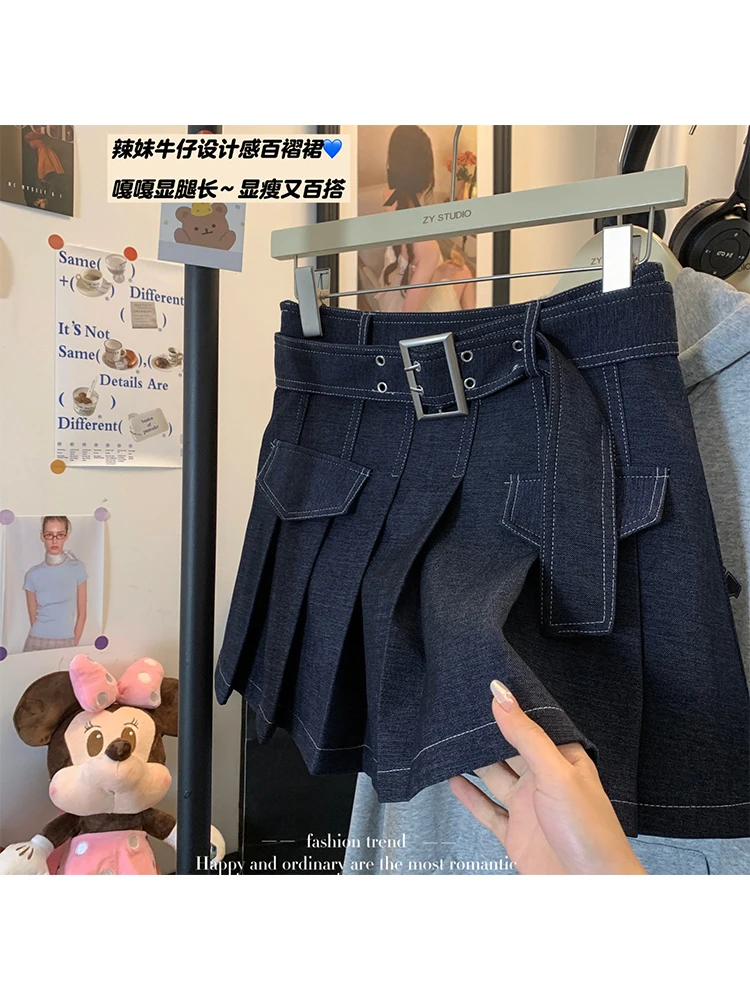 Women Grunge Shoujo 2000s Aesthetic Mini Pleated Denim Skirt Gyaru Coquette Y2k Korean Kpop E-girl Preppy Harajuku Fashion Tide