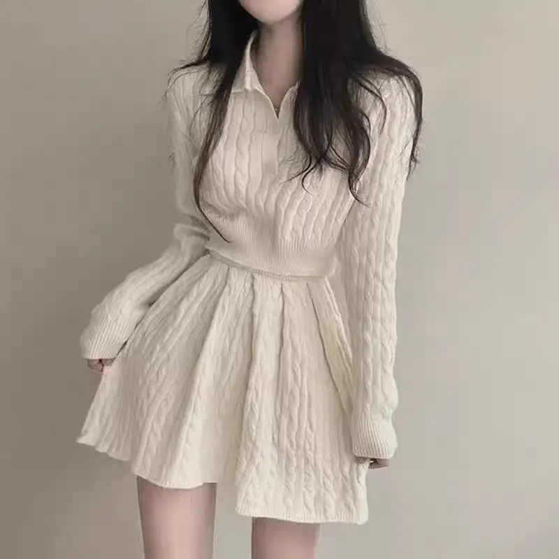 Lazy Fashion Knitting Suit Temperament Versatile Polo Neck Fried Dough Twists Sweater High Waist Skirt Two-piece Set