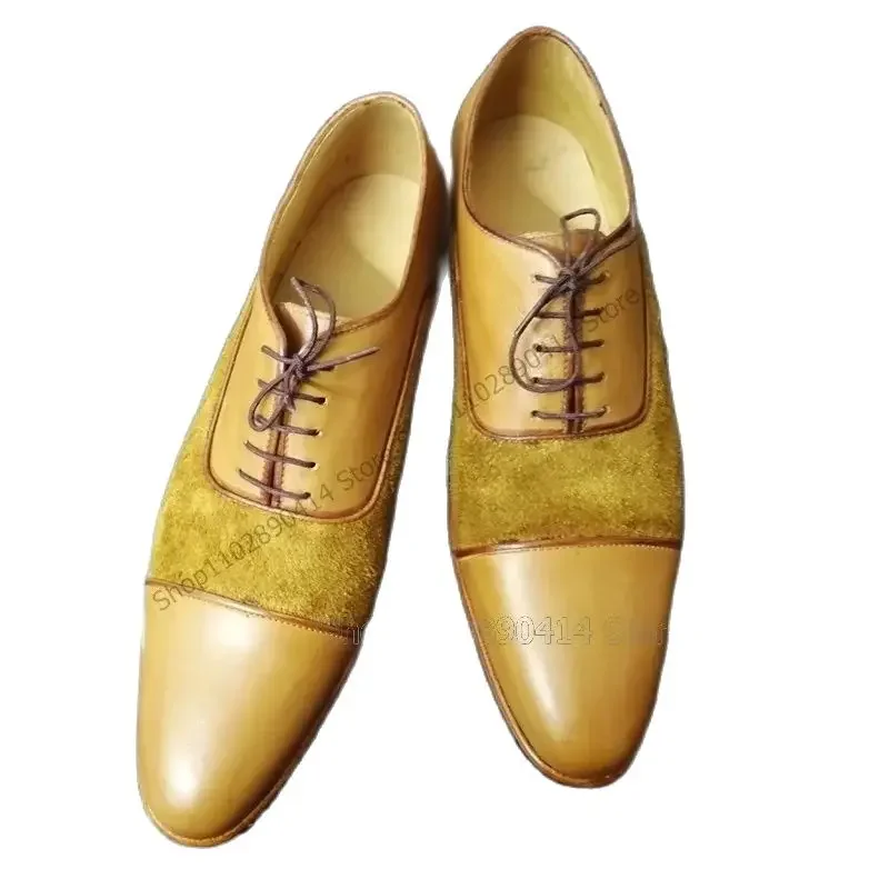 

Brown Fur Decor Patchwork Strappy Men Derby Shoes Fashion Lace Up Men Shoes Luxury Handmade Party Banquet Office Men Dress Shoes