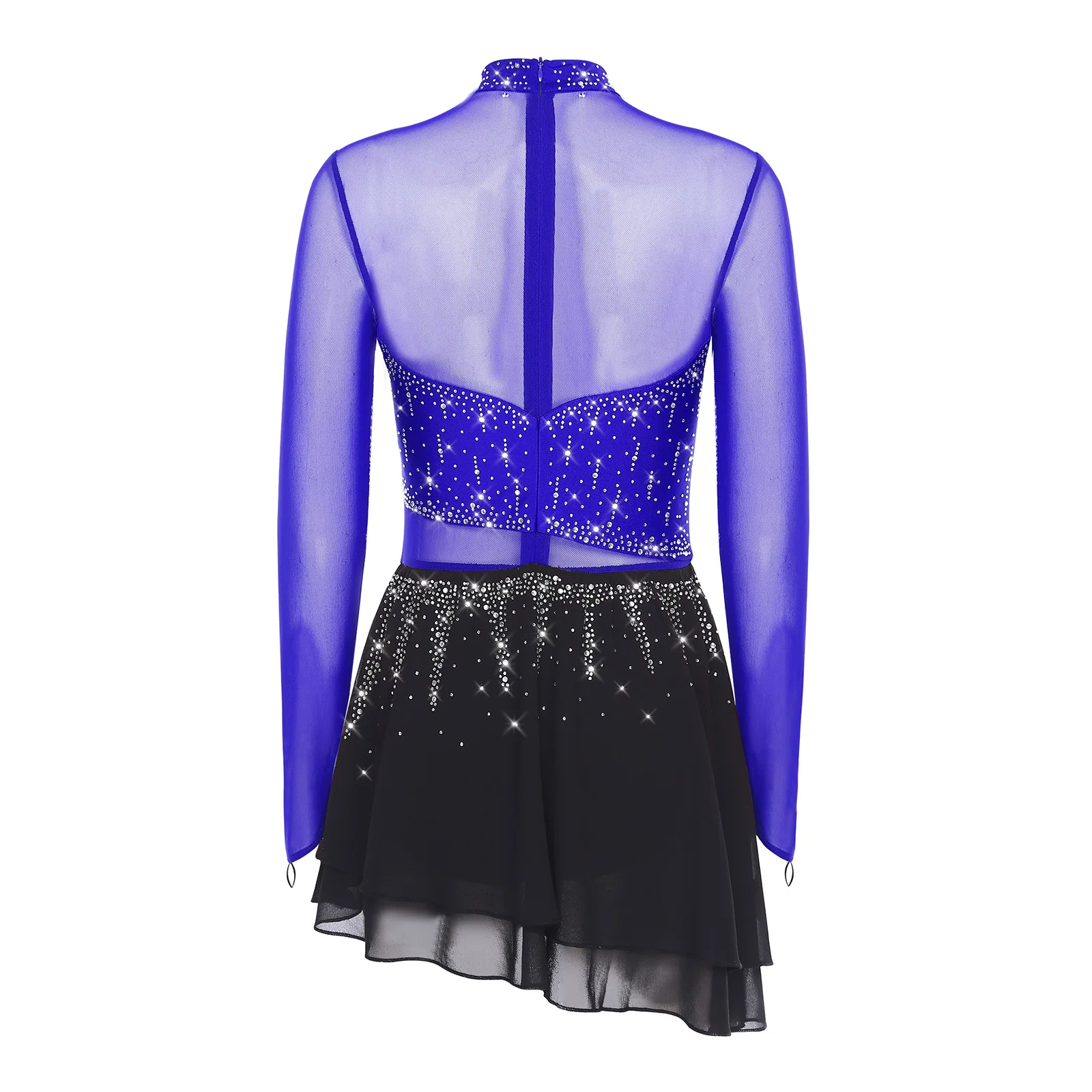 여성 리리컬 재즈 댄스 드레스 라인스톤 긴 소매 쉬폰 스커트 바디수트 피겨 스케이팅 모던 라틴 공연 댄스 드레스