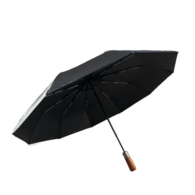 Red leaf Men Business Style Automatic  Folding Rain and Sunshade Anti-UV Umbrella Wood handle Black glue coating Big umbrella