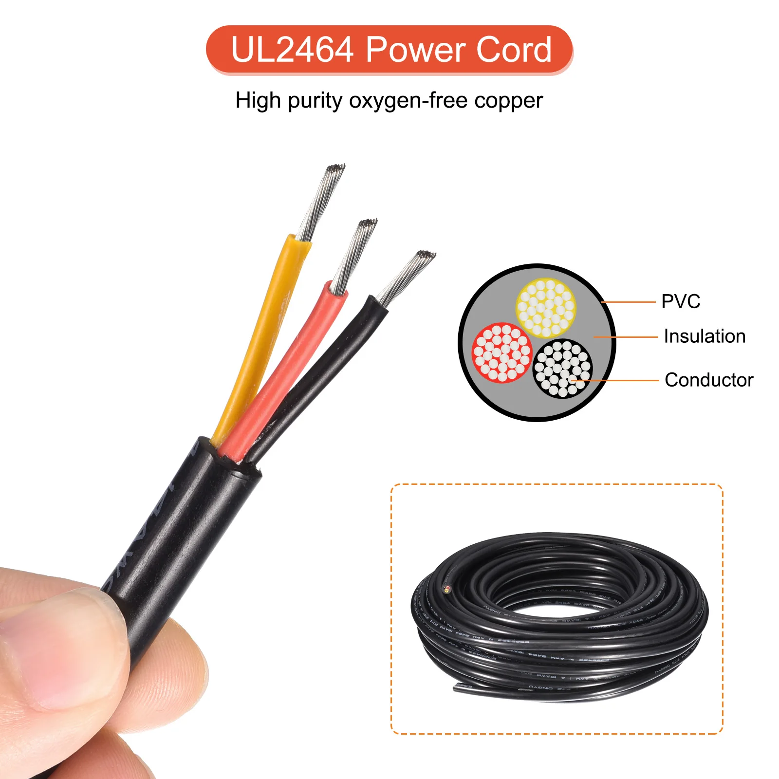 20/30m Power Cable 3 Conductor Electrical Wire 14AWG/16AWG UL2464 Electrical Wire PVC Cord Copper Cable  for LED Strips Lighting