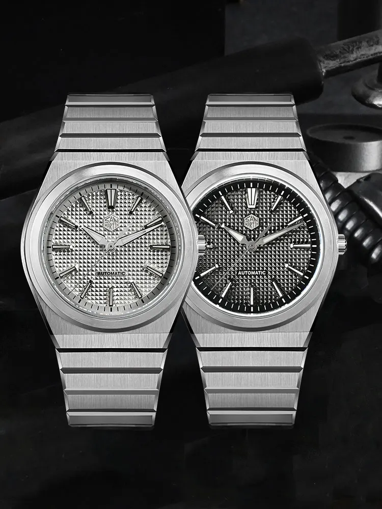 San Martin New 39mm Miyota 90S5 Men Wristwatch 3D Waffle Dial Integrated Bracelet Transparent Caseback 10Bar Luminous SN0152