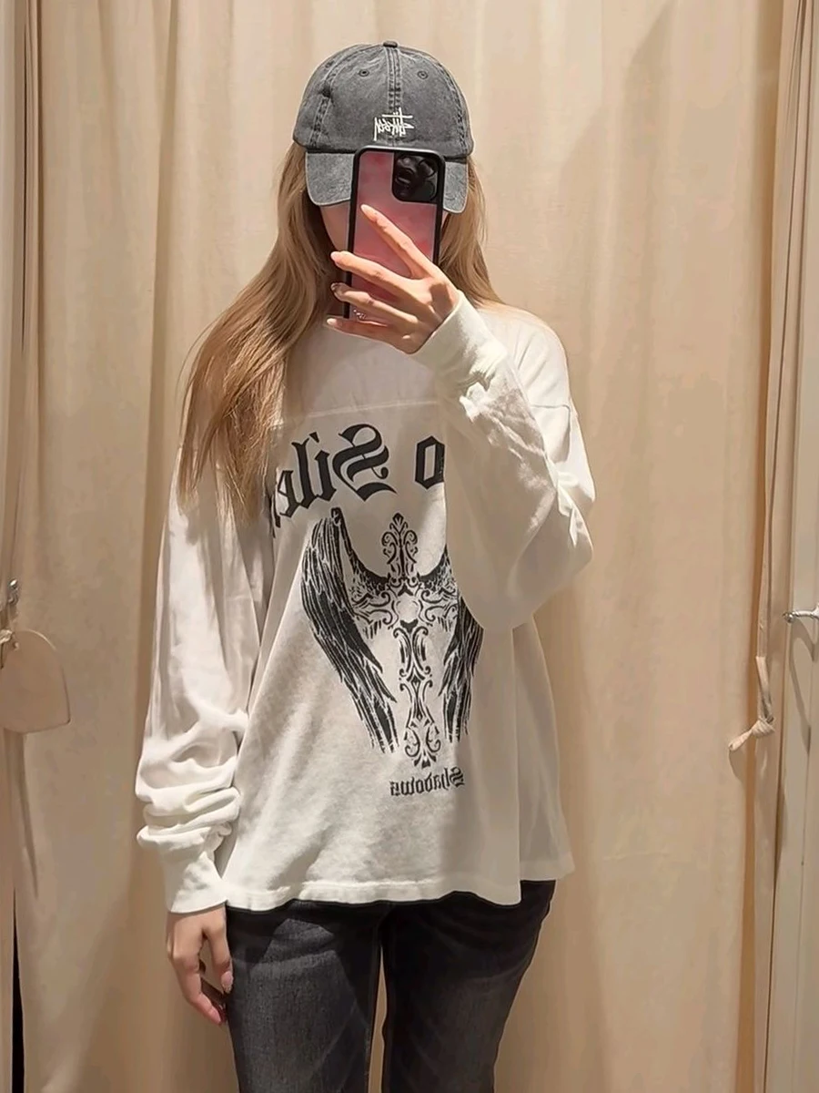 Wing Letter Print Long Sleeve T-shirt Woman Spring O-neck Cotton White Tshirt Female Vintage Streetwear Preppy Style Tee Tops
