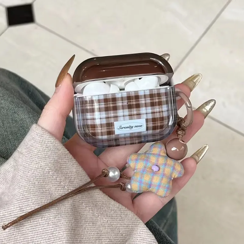 

Ins Fashion Brown Contrast Check Case For AirPods 4 3 1 2 Bluetooth Earphones Cover For AirPods Pro2 Cases With Star Pendant