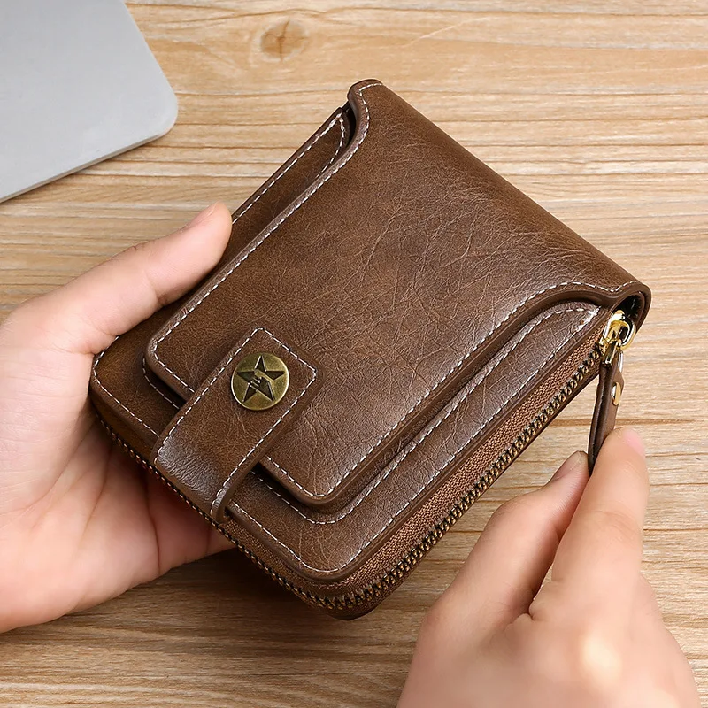 Cartera pequeña Vintage de cuero Pu para hombre, monedero corto con broche y cremallera, bolso de mano sólido, Porte para hombre