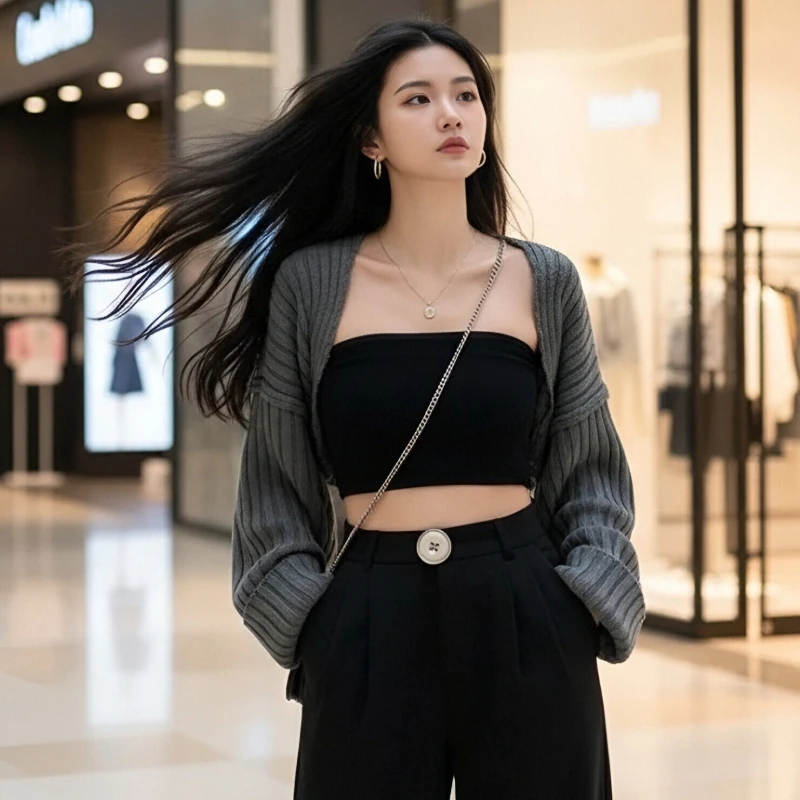 

Spring Autumn Street Style Sexy Solid Color Short Women's Knitted Cardigan Simple Fashion New Bat Sleeve Loose Shawl Sweater