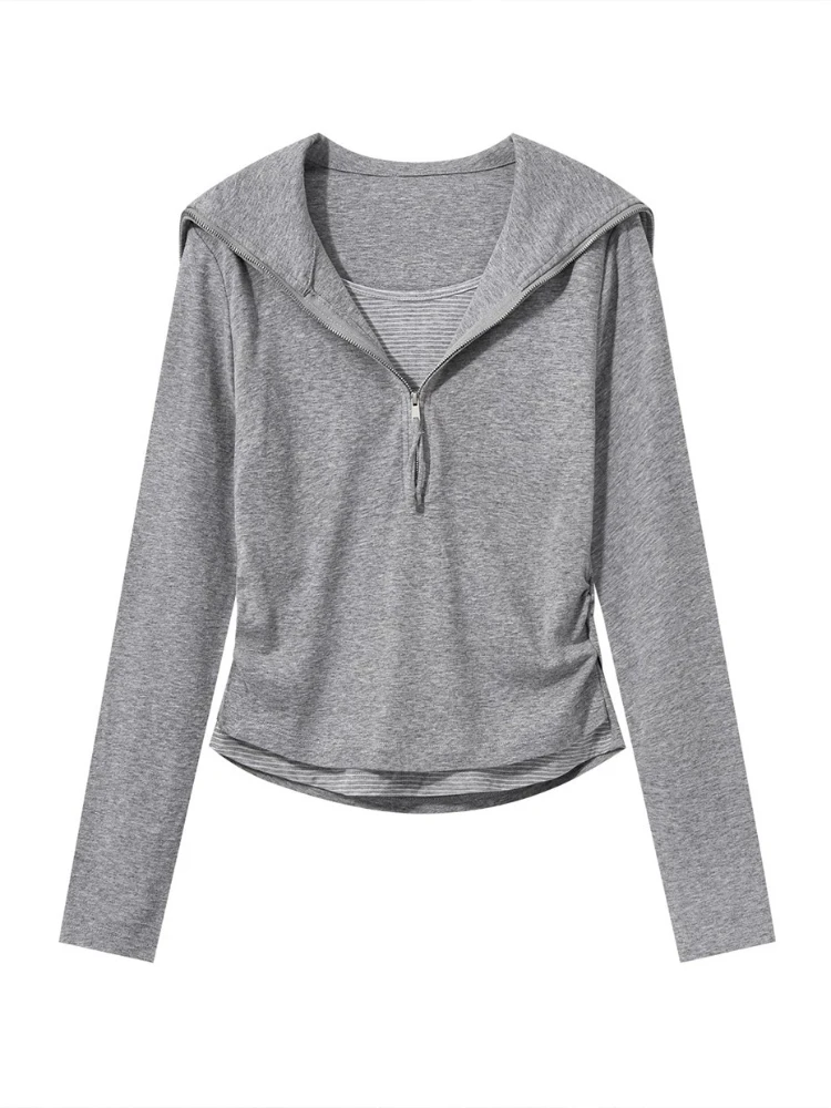 Korean Style Long Sleeve Striped T-Shirt Women's Navy Collar Gathered Waist Top Brand Label Cut off Casual Fashion Cotton
