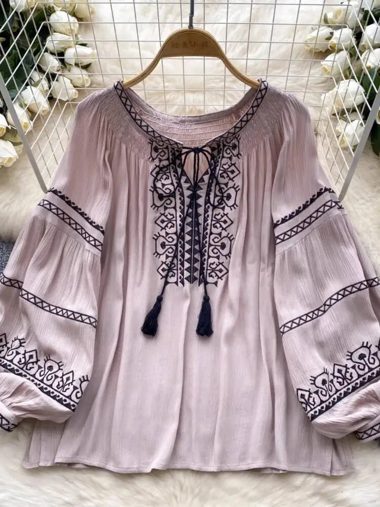 

Женская винтажная рубашка с вышивкой Sorubg, осенняя повседневная рубашка с круглым вырезом и кружевными рукавами-фонариками, женская свободная блузка