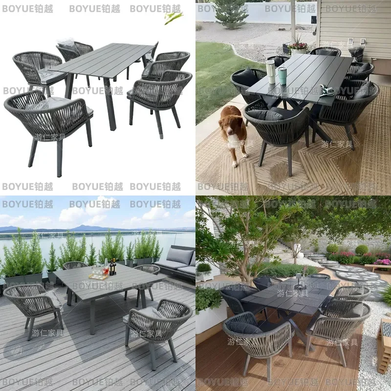 Outdoor Aluminum Alloy Patio Dining Set Waterproof Rustproof Rope Chair Table Combo for Garden Terrace Balcony Hotel Leisure