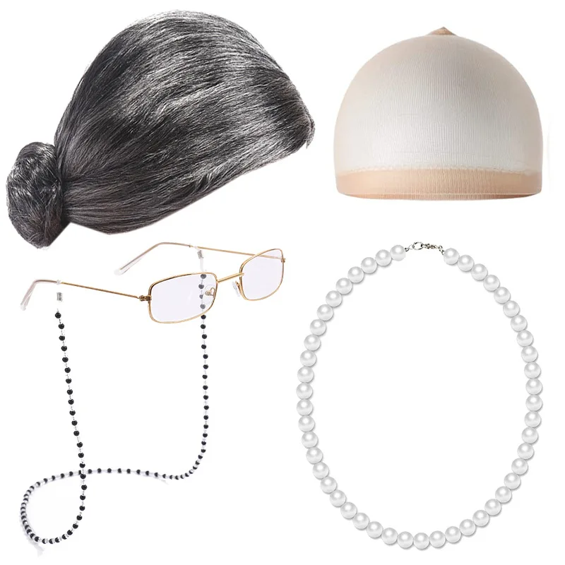 Elderly Woman Cosplay Wig Set Short Grey White Curly Hair With Old Lady Glasses Chain And Fake Pearl Necklace Party Accessories