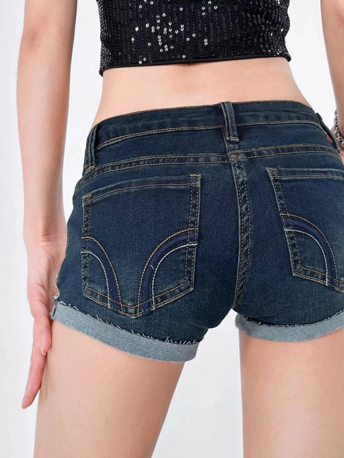 American Millennium Sexy Girl Denim Shorts Women's Spring Summer Low Waist Belly Show Elastic Slim Fit Cuffed Butt Shorts