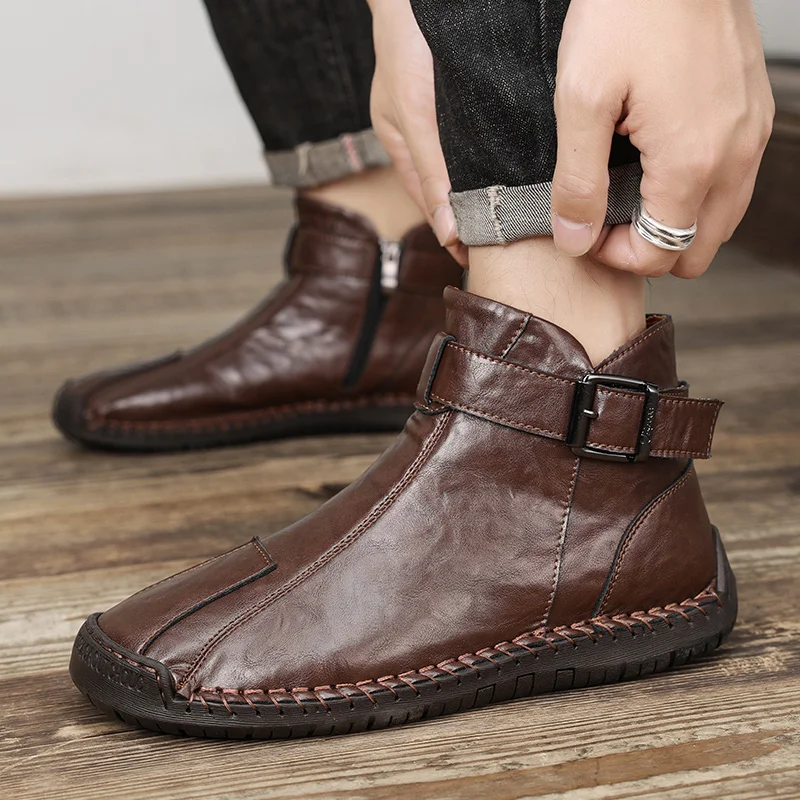 Handmade Leather Men Boots With Fur Split Casual Winter Ankle Boots Plus Size 39-47 Leisure Footwear For Male Hombres Botas