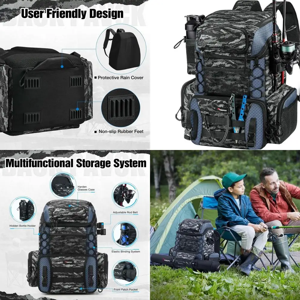

Fishing Tackle Backpack with Rod Holders, 42L Waterproof Outdoor Bag with 4 Tackle Boxes