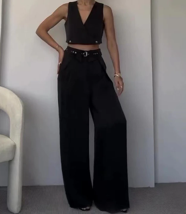 Two Piece Sets Womens Outifits 2024 Summer Temperament Commuting Vest Top & Fashion Elegant Turn Down Collar Wide Leg Pants Set