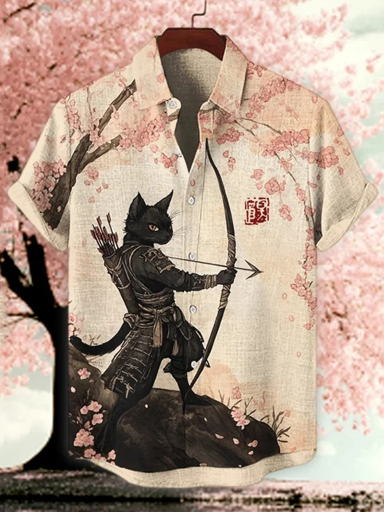 Vintage Men's Short-sleeved Shirt With Cartoon Cat Print, Casual And Breathable, Loose Fit, Stylish Outdoor Hawaiian Shirt.