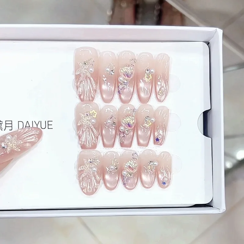 

10pcs Handmade Sticker Nails Summer Press on Nails for Girls Medium Length Long 3d Shells Nail Tips Coffin False Nails with Glue