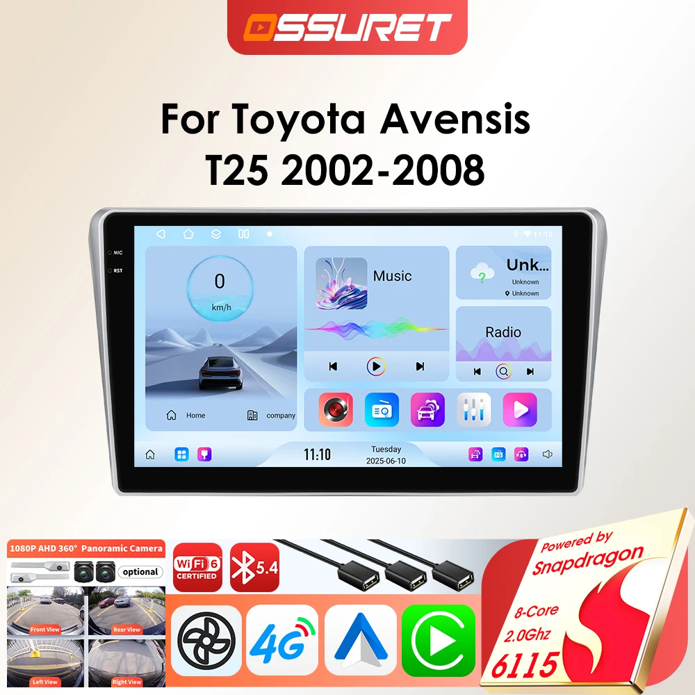 OSSURET Android-Autoradio-Player für Toyota Avensis T25 2002–2008 Carplay Auto GPS 2DIN 8core Car Multimedia von Snapdragon 6115