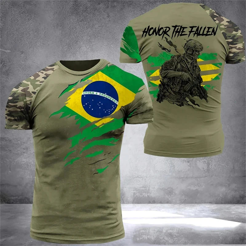 Brazilian Army Men\'s T-shirts Veteran Print Round Neck Short-sleeved Military T Shirt Casual Oversized Men Clothing Streetwear