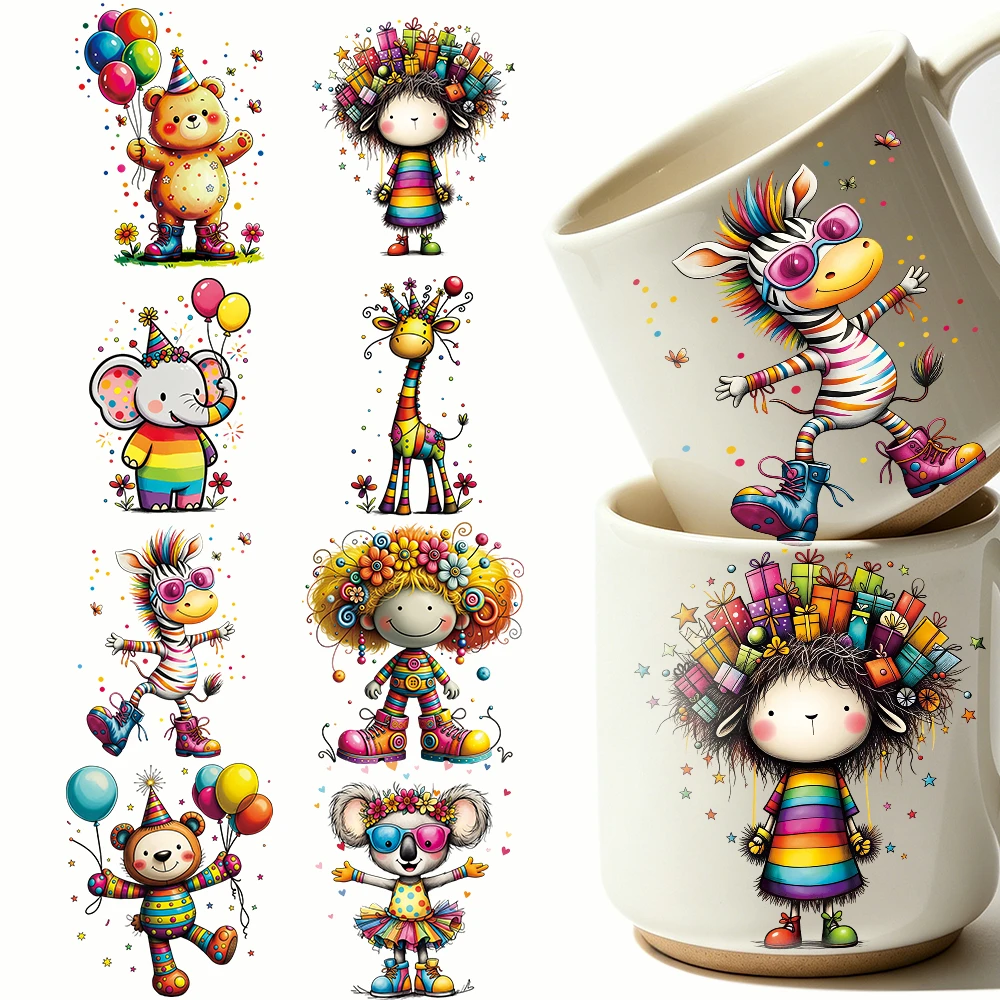 8pcs Kids' Party Cartoon Animals UV DTF Cup Stickers Colorful Balloon Dolls DTF Transfer Stickers Waterproof Wipe Transfer Paper