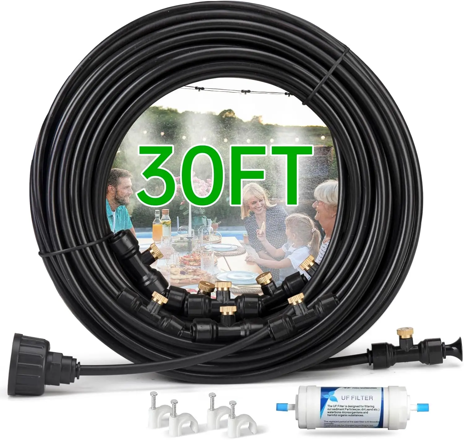 

30FT Outdoor Misting Cooling System - Patio Garden Kit with Brass Nozzles & UV Tubing, DIY Install for Pool, BBQ, Greenhouse