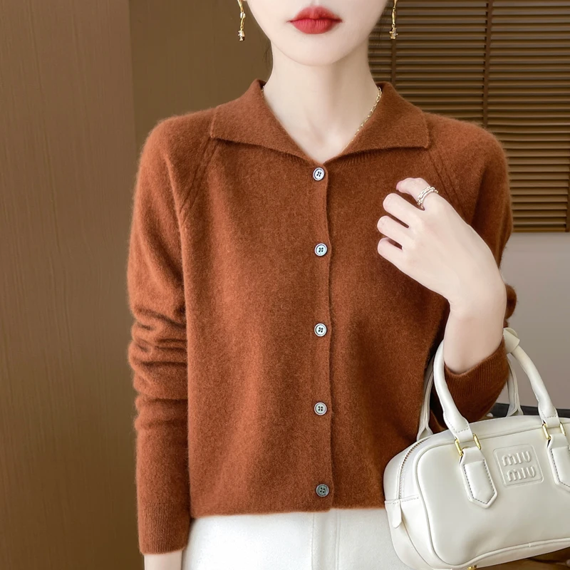 Women\'s cardigan in autumn and winter 100% merino wool sweater long sleeve cashmere Polo neck solid color comfortable top