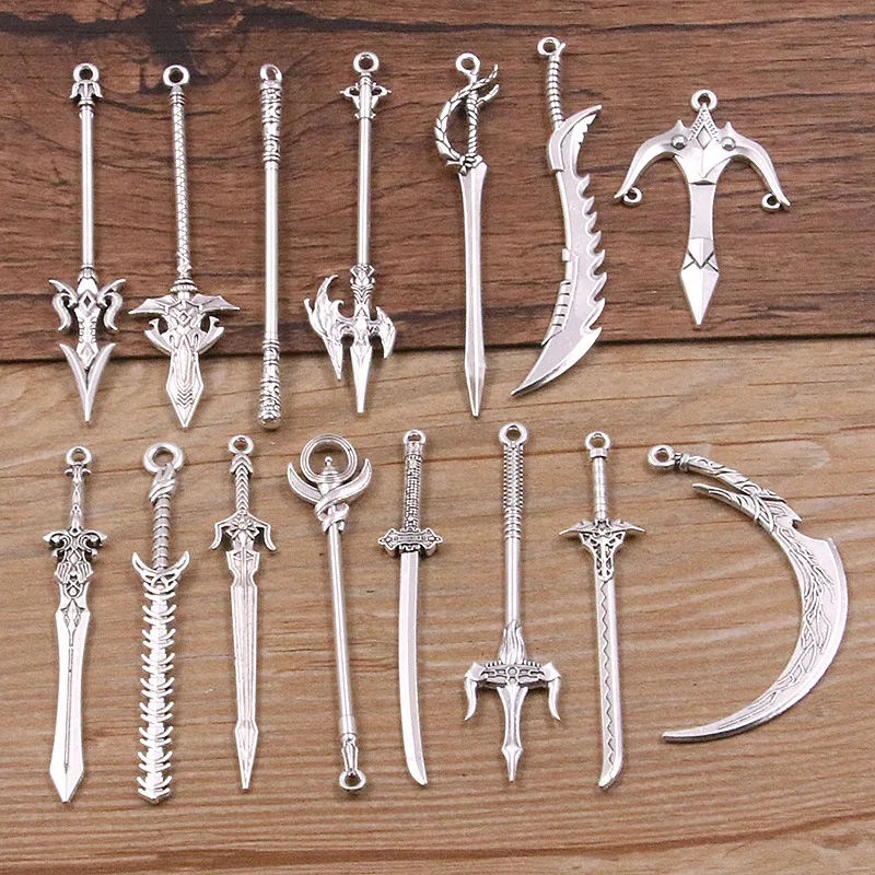 10Pcs 15 Styles Wholesale Mixed Alloy 2 Color Knight Sword Knife Gun Bow Charms For Jewelry Making DIY Handmade Weapons Pendant