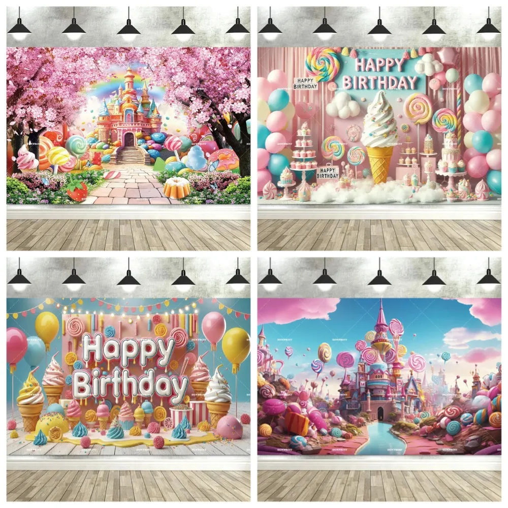 

Girl's birthday sweet candy castle cherry blossom background, dessert children's birthday party donut banner shooting background