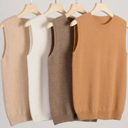 Womens Sleeveless O-neck Basic Pullover Sweater 2024 Autumn Winter 100% Merino Wool Casual Solid Waistcoat Female Knitwear Tops