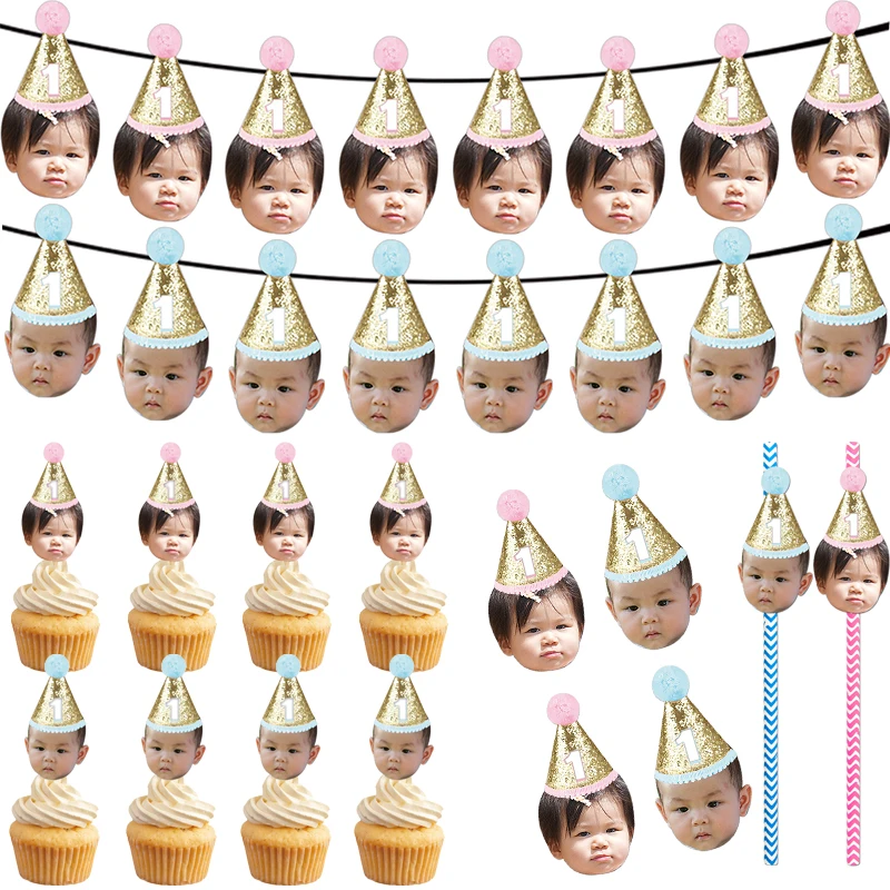 Photo de visage de fête d'anniversaire personnalisée, bannière de chapeau d'anniversaire, décorations de Cupcake, pailles autocollantes pour enfants, décorations de fête de 1er anniversaire