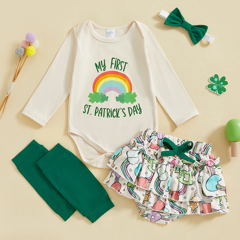 St Patrick s Day Toddler Dress Green Shamrock Print Tutu Skirt Clover Headband Bow Leg Warmers Irish Costume Set