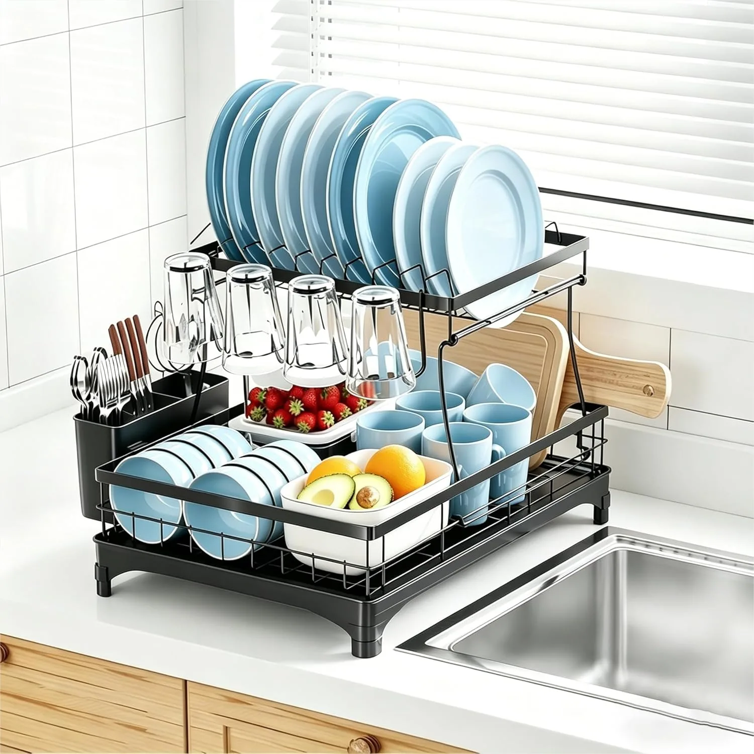 

Stainless Steel Dish Rack For Kitchen Counter, Large Capacity 2-Tier Dish Drying Rack With Utensil Holder And Automatic Drainage, Black