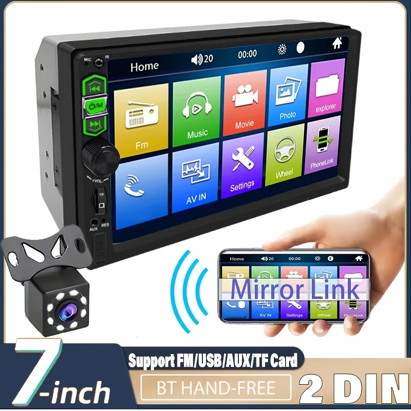 7-Inch HD Car Stereo Radio Newstyle 2 Din MP5 Multimedia Player with 8LED Backup Camera FM/USB/AUX, SD Function