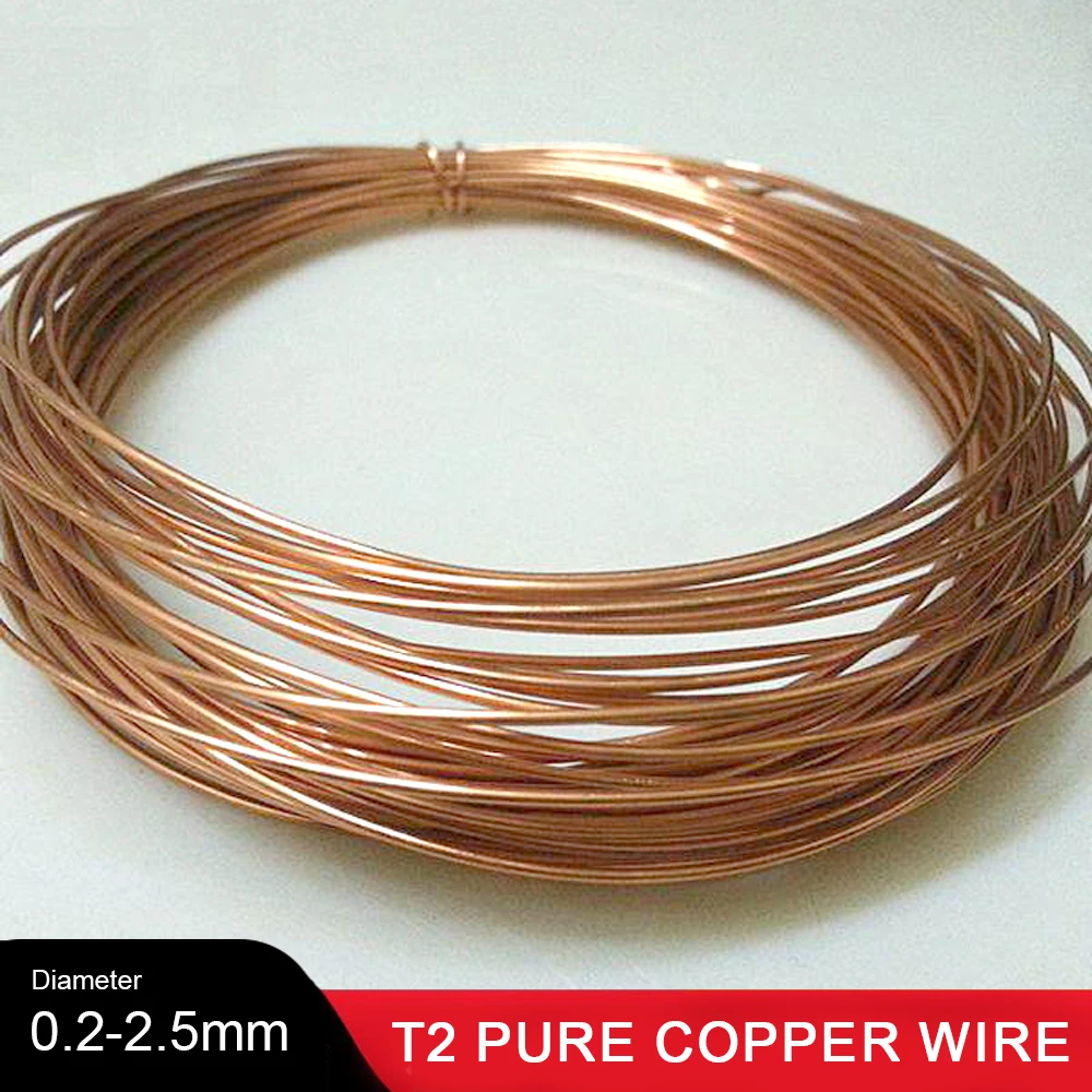 1-5M T2 Pure Copper Wire Round Coil Conductive Bare Copper Cable Wires for Electric Wire DIY Craft 0.2 0.3 0.4 0.5-2.5mm