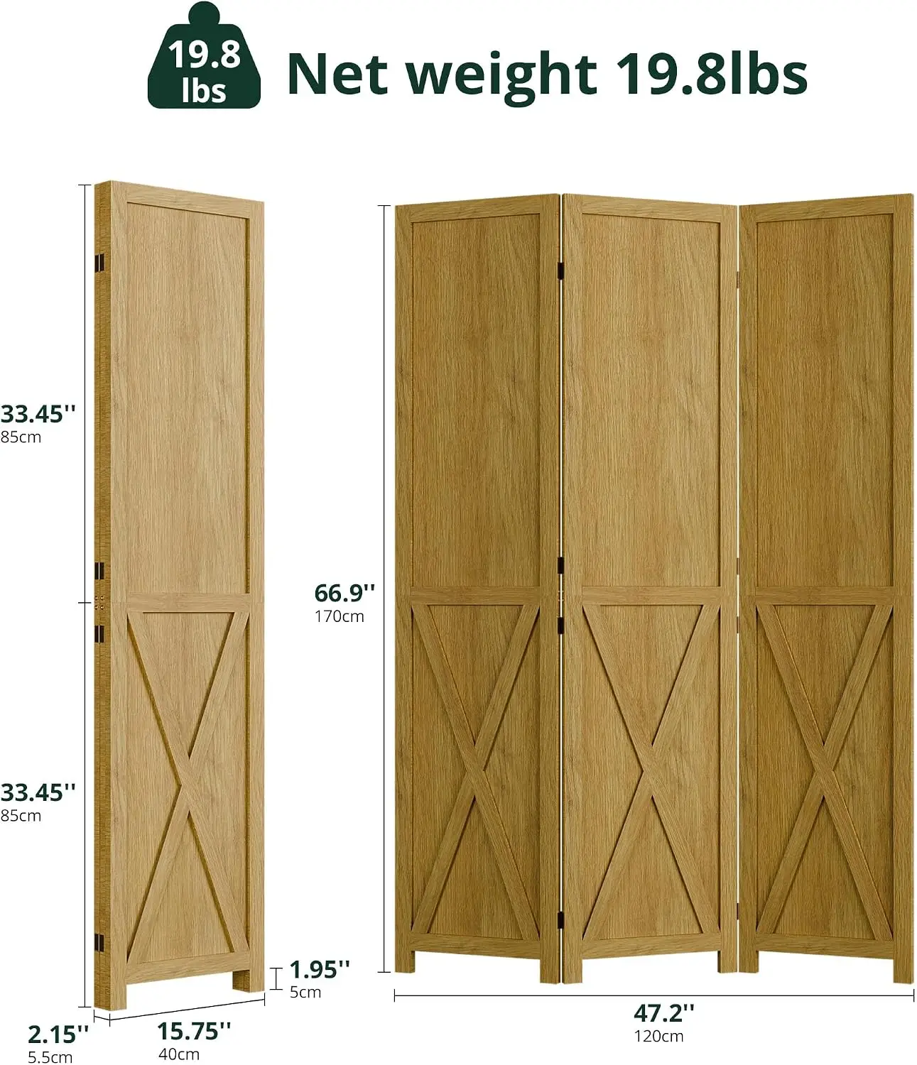 3 Panel Wood Privacy Screen, 66.9 Inch Freestanding Room Divider, Folding Wall Separator, Barnwood Room Partition, Decorative Temporary Wall, Natural
