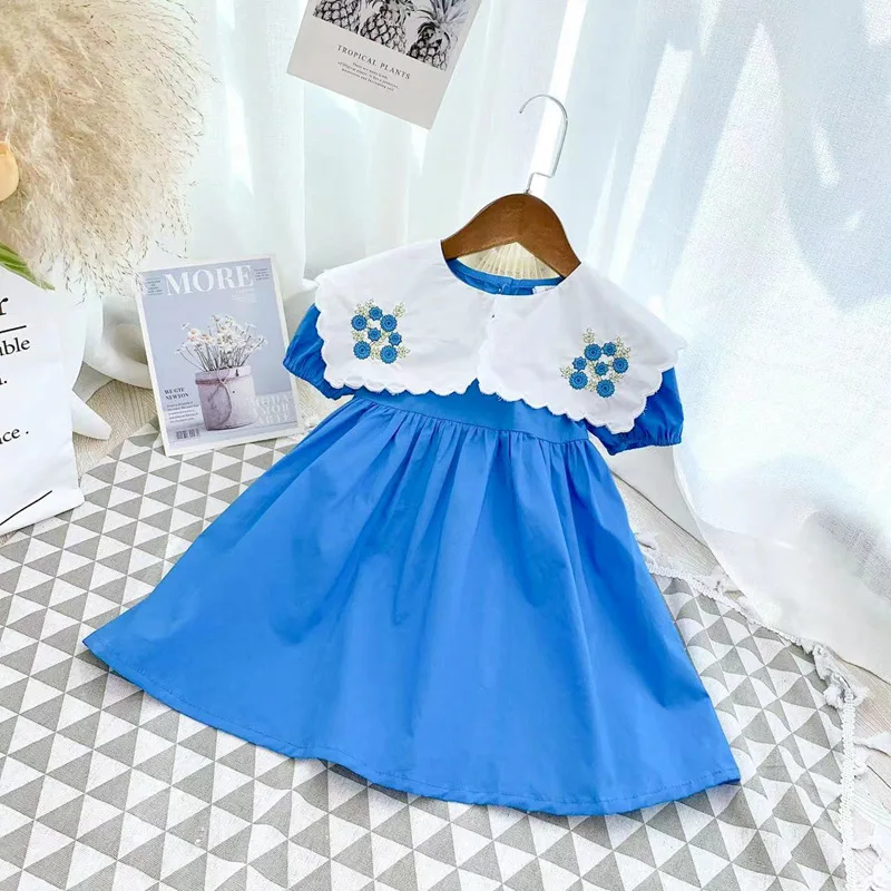 Korean Style Girls Dress 2022 Summer New Short Puff Sleeve Turn Down Collar Embroidered Flowers Patchwork Princess Dresses Kids