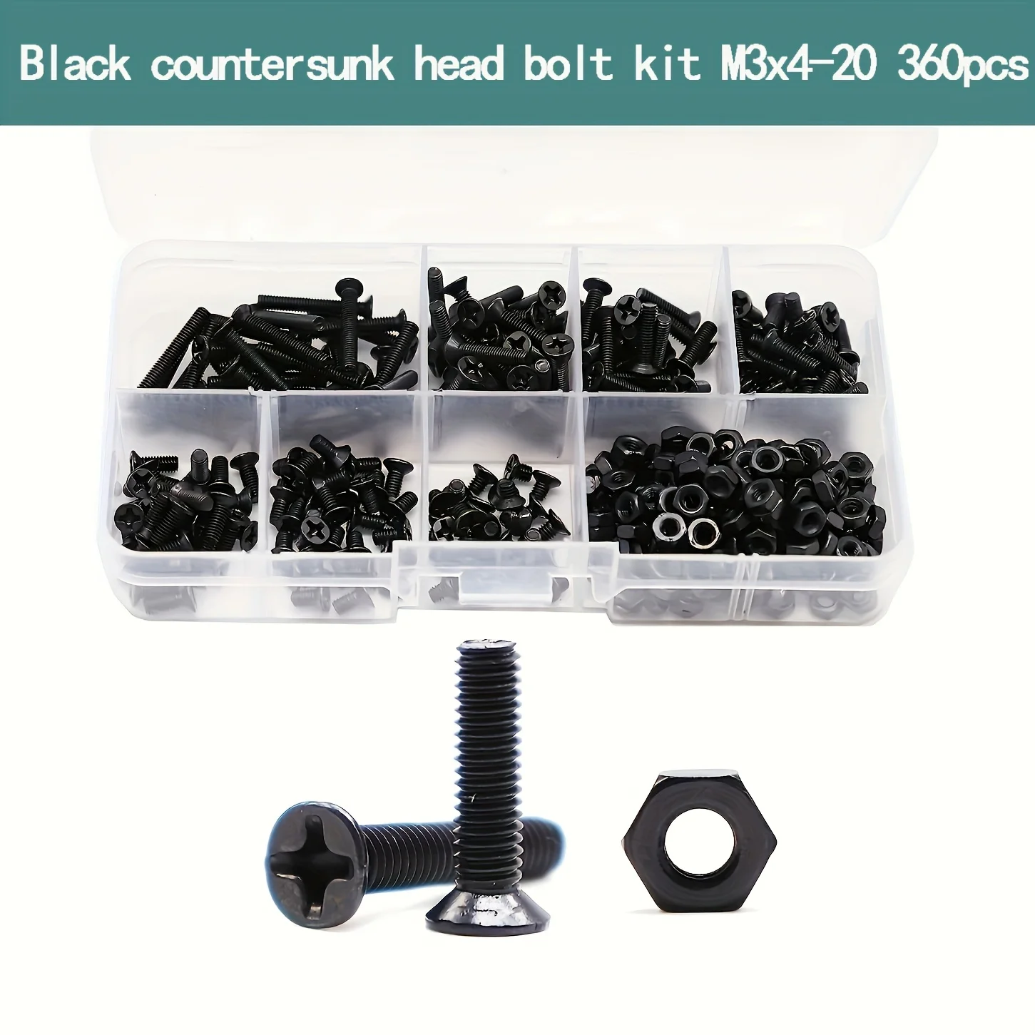360pcs M3 x 4mm/ 6mm/ 8mm/ 10mm/ 12mm/ 16mm / 20mm Black Countersunk Flat Head Phillips Machine Screws and Hex Nuts Kit