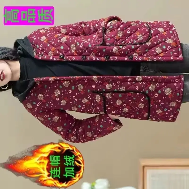 

Winter New Mom's Velvet Cotton-Padded Clothes Middle-Aged Elderly Jacket Women Hooded Med Long Thicken Keep Warm Overcoat Female