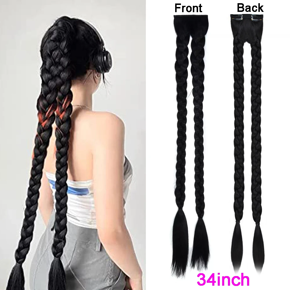 

34inch Super Long Box Braids Fishtail Clips In Ponytail Hair Extensions Women Braided Hairpiece Two Clips in Hair Ponytail Wig