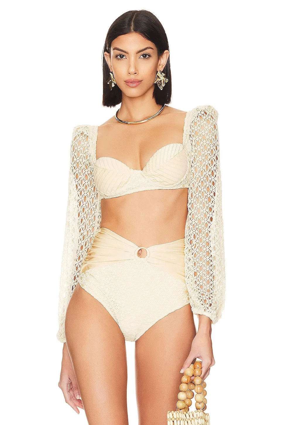 Beige Long Sleeved Mesh Bikini Set For Women Design Feels High Waist Beach Outfits 2 Piece Swimsuit Cover Up Maxi Dress 2023