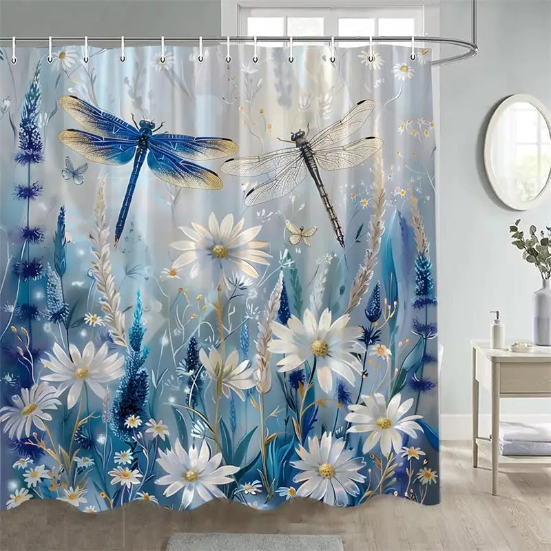 Floral Dragonfly Shower Curtains Butterfly Dandelion Purple Flowers Watercolour Art Polyester Bathroom Curtain Decor With Hooks