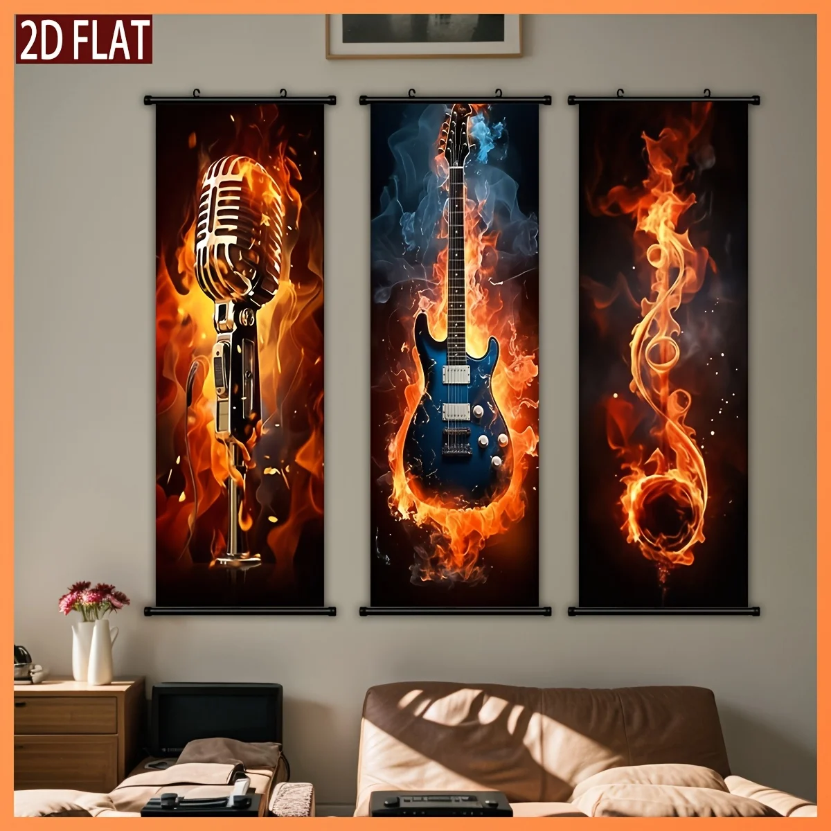 VIKAMA Flame Rock Guitar Note Scroll Tapestry, HD Fade Resistant Wall Hanging Scroll Art for Rock Themed Room Decor