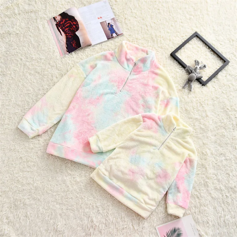 Autumn Family Matching Clothing Mom Kids Plush Sweatshirt Dad Daughter Warm Coat Winter Standing Collar Double Sided Plush Tops