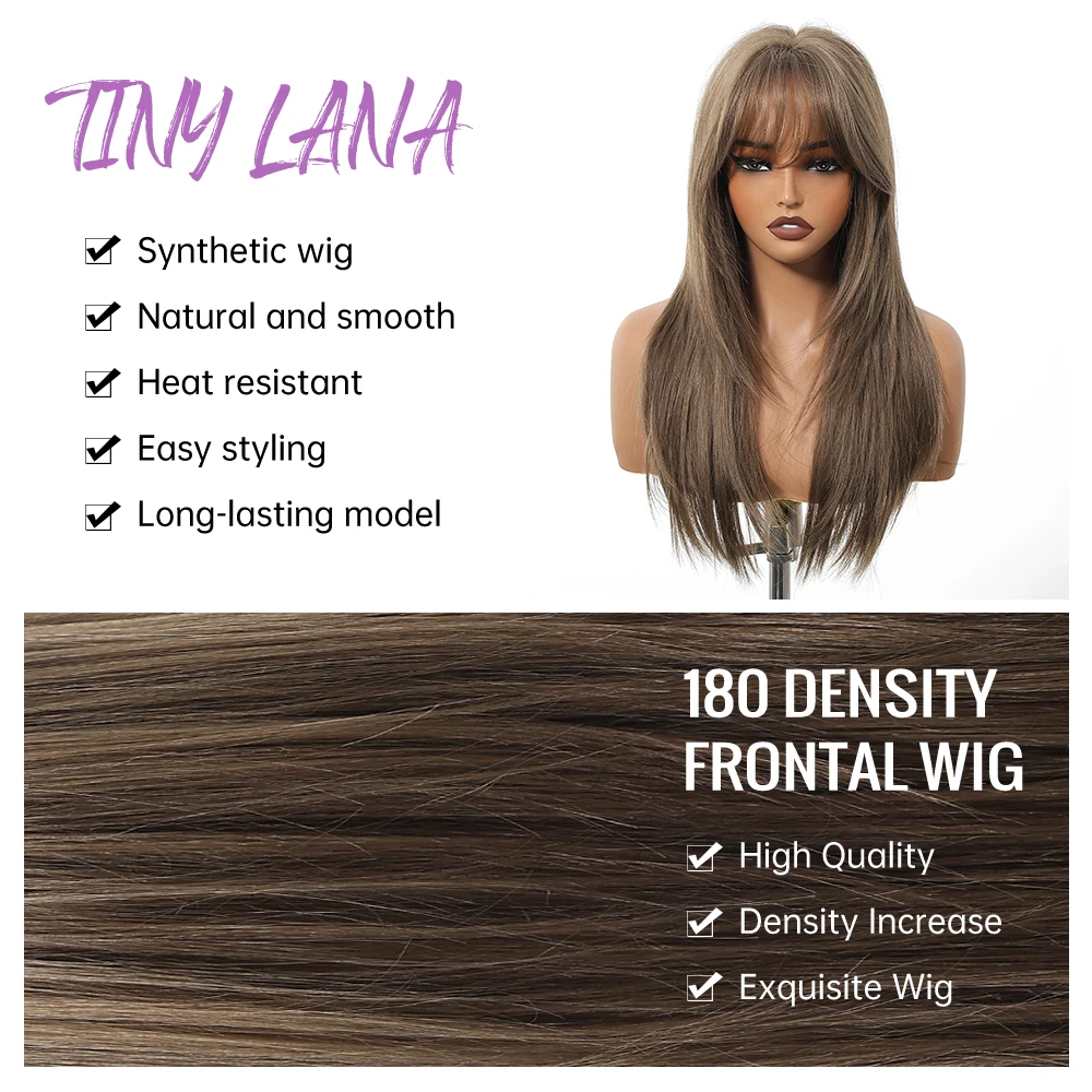 Brown Long Straight Synthetic Wigs with Bangs for Women Cold Brown Daily Wigs Natural Layered Hair Cosplay Heat Resistant Use