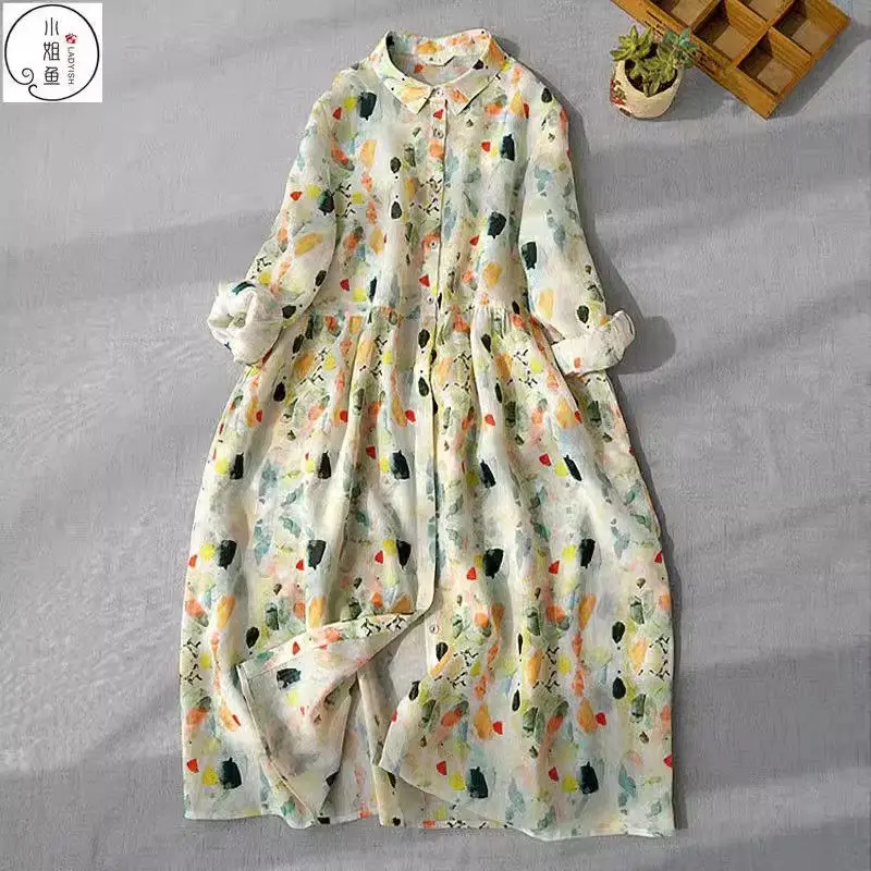 

2024 Spring Dress With 4/5 Sleeves Women's Temperament Korean Shirt Collar Medium Length Oversized Retro Floral Dress Z4874