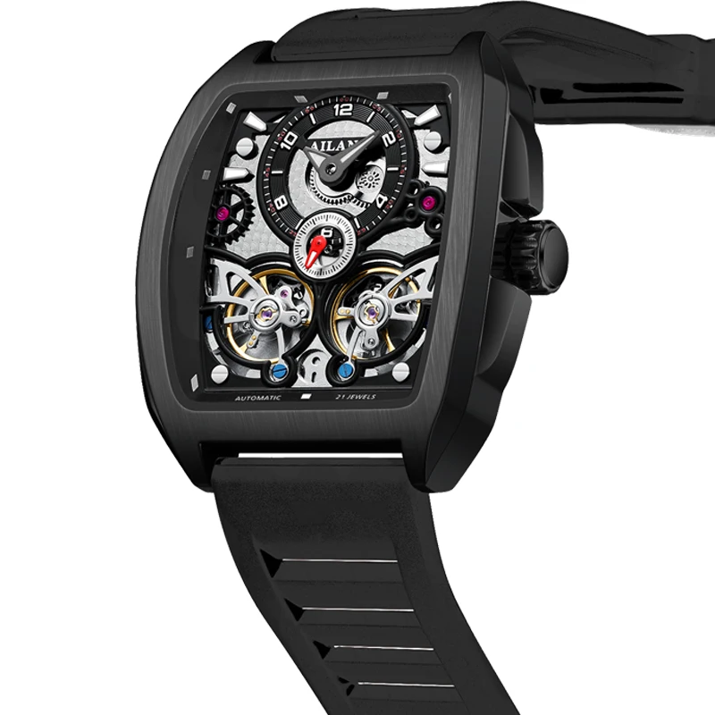 

2026 Automatic Mechanical Wristwatch Black Steel Dual Tourbillon Dial Men's Watch Luxury Waterproof Military Sports Watch
